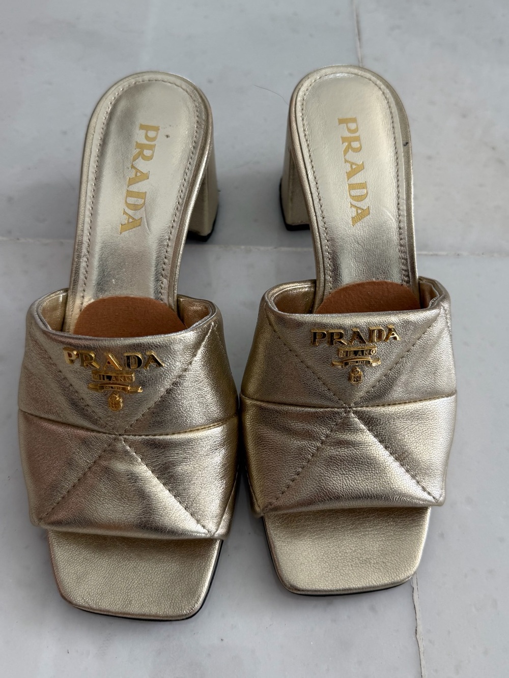 PRADA Gold Quilted Leather Slide Heels - Picture 2 of 3